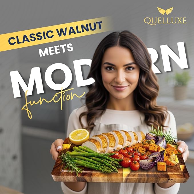 QUELLUXE Walnut Wood End Grain Cutting Board for Kitchen with Juice Groove, Inner Handles, Heavy-Duty Butcher Block, Wooden Chopping Board, Charcuterie Boards 17" x 12" x 1" (17" x 12" x 1")