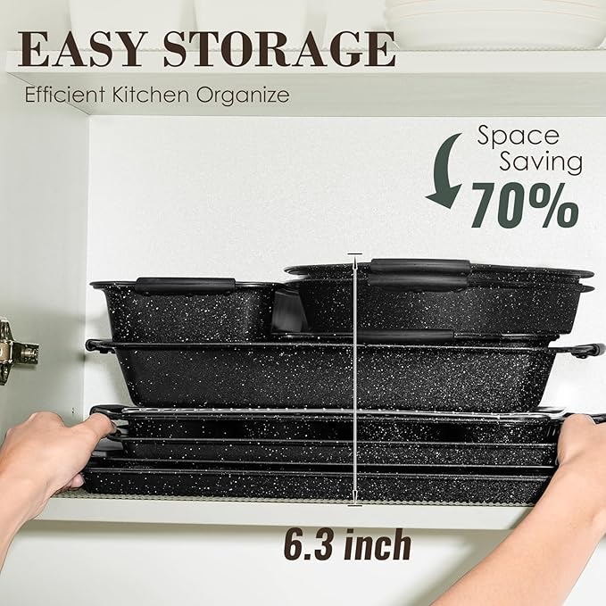 Baking Pans Set Nonstick, Stackable Bakeware Sets with Silicone Handles, AIVIKI 22 Pieces Oven Pan for Cooking Including Baking Cookie Sheet with Rack, Roast Pan, Cake Pan, Loaf Pan, Muffin Pan, Black