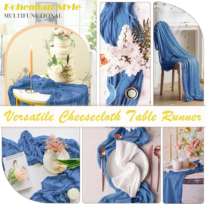 Royal Blue Cheesecloth Table Runner 2 Pack 35" Boho Gauze Table Runner 120 inches Long Runner Rustic Sheer Fabric Bulk for Baby Shower Wedding Bridal Birthday Party Table Decorations