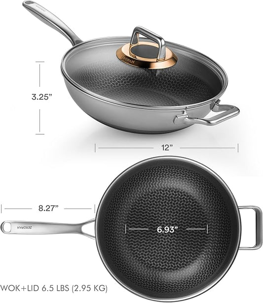 ZEROPAN Hybrid 12-Inch Wok with Lid,Nonstick Stainless Steel Woks & Stir-fry pans,Wok Pan,PFAS PFOA PTFE Free,Dishwasher-Friendly,Oven-Safe Up to 600°F,Compatible with All Cooktops