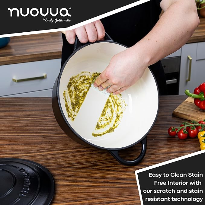 Cast Iron Dutch Oven with Lid – Non-Stick Ovenproof Enamelled Casserole Pot – Sturdy Dutch Oven Cookware – Black, 7.3-Quart, 30cm – by Nuovva