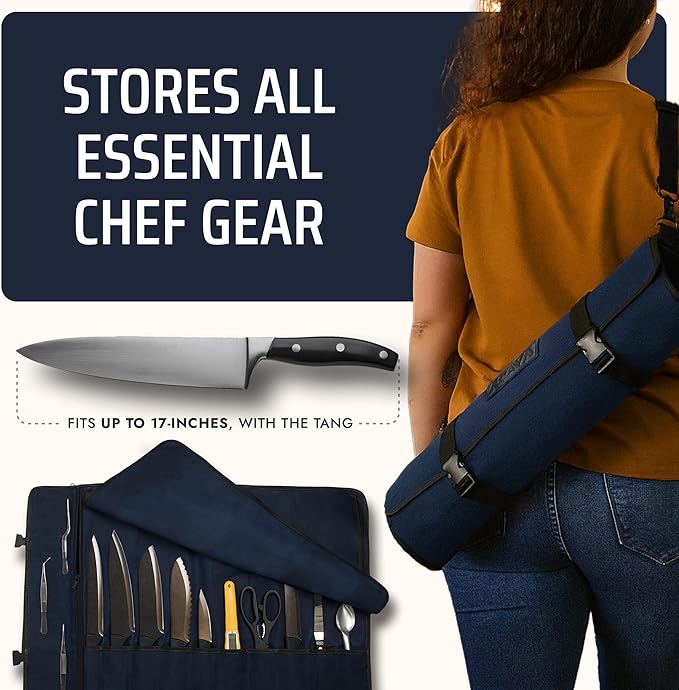 Asaya Canvas Chef Knife Roll Bag - 10 Knife Slots and a Large Zipper Pocket - Durable 10oz Canvas Knife Case with an Adjustable Shoulder Strap - Knives not Included