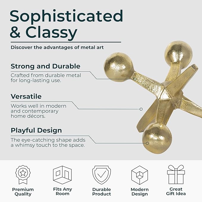 Gold Metal Jacks Decorative Object – Abstract Sculpture Modern Home Decor Ornament – Shelf Styling & Coffee Table Decor for Bathroom, Office & Living Room – 7" x 5"