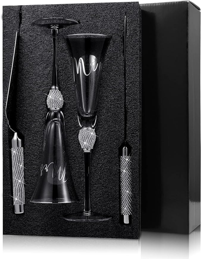 Boao 4 Piece Wedding Champagne Flutes and Cake Knife Server Set Crystal Mr and Mrs Toasting Flutes Rhinestone Cake Cutting Set for Bride and Groom Wedding Engagement Bridal Shower Gifts(Silver)