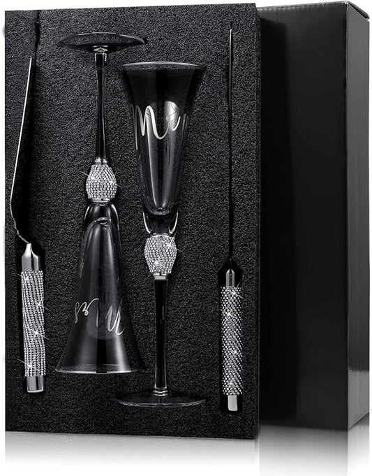 Boao 4 Piece Wedding Champagne Flutes and Cake Knife Server Set Crystal Mr and Mrs Toasting Flutes Rhinestone Cake Cutting Set for Bride and Groom Wedding Engagement Bridal Shower Gifts(Silver)
