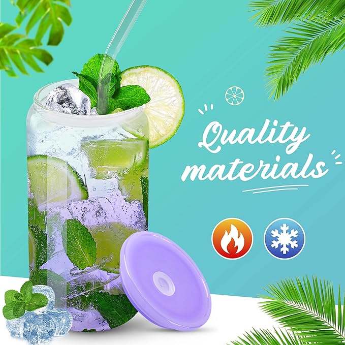 Joyclub 16oz Glass Cups with Acrylic Lids and Straws 12 Set Can Shaped Glass Iced Coffee Cups with Lids, Gradient Drinking Glasses Cute Tumbler Cup Great for Smoothie Soda Boba Tea Cocktail Beer Gift