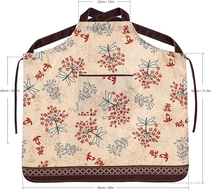 patdrea Blue Floral Linen Apron with Pocket,French Kitchen Garden Chef BBQ Aprons for Women and Men,Crisscross Back Straps