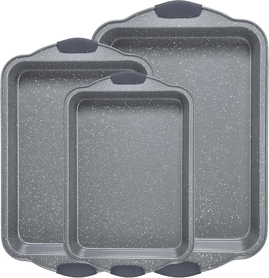Anveena 3-Piece Nonstick Kitchen Oven Baking Pans - Premium & Stylish Non-Stick Steel, Commercial Grade Restaurant Quality Metal Bakeware with Red Silicone Handles - Easy to Clean gray
