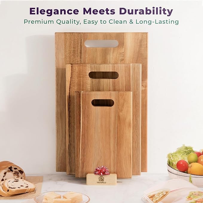 Acacia Cutting Board Set of 3 with Holder – Solid Acacia Wood Cutting and Serving Boards, Durable Chopping Boards for Meat, Vegetables and Fruits