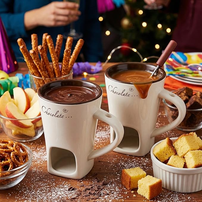 DECHOUS 2 Pack Fondue Pot Ceramic Chocolate Fondue Mug Set with 2 Forks Personal Fondue Mugs Melting Pot for Chocolate, Cheese, Butter, Suitable for Home Party Wedding
