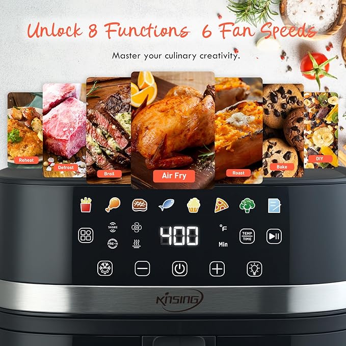 KINSING Air Fryer 6.5 QT,8 in 1 with Visible Window,LED display, 400℉ Precise Temperature Control, Shake Reminder&Pre-heat indicator,Metal inner cavity,Nonstick & Dishwasher Safe Basket