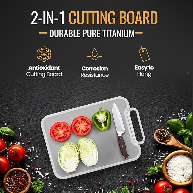 PLATEVIA Titanium Cutting Board for Kitchen – Dual-Sided Scratchless Pure Titanium & PP Surface, Non-Slip, Rust-Proof, Odor Resistant, Dishwasher Safe Premium Chopping Board for Meat & Vegetables