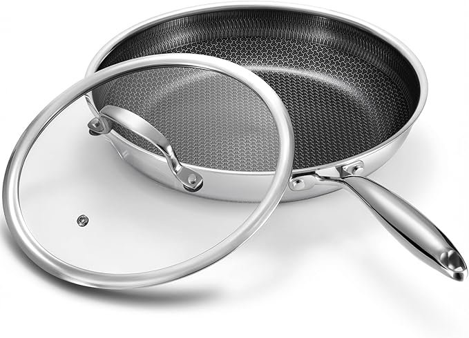 Non Stick Frying Pan 12 Inch with Lid, Hybrid Nonstick Stainless Steel Skillet Pan with Stay-cooling Handle, PFOA Free Non Toxic Dishwash & Oven Safe Kithchen Cookware Set Compatible All Cooktops