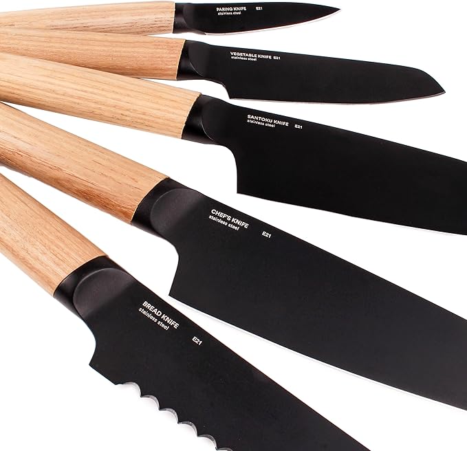 BergHOFF RON 5Pc Non-stick Knife Set With Wood Block Titanium PVD Coating Sharp & Well Balanced Seamless Transition Ash Wood Handle Anti-skid Base
