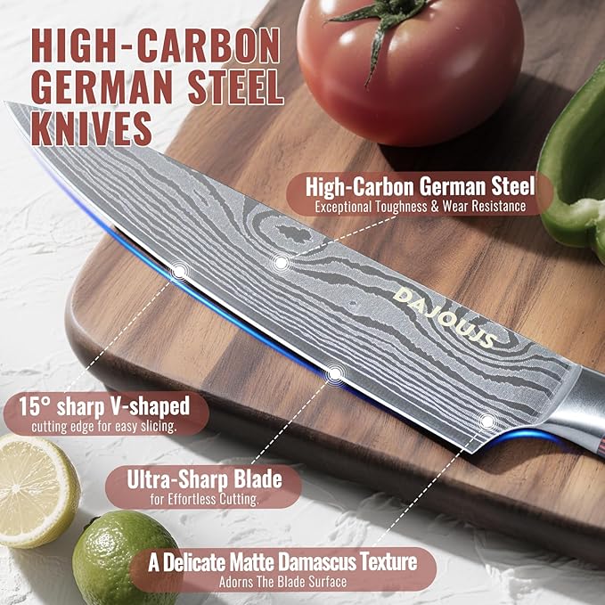 Black Knife Set With Block - 8 Pieces High Carbon Stainless Steel Magnetic Knife Set with Sharpener, Ultra Sharp Kitchen Knives Sets for Cooking with Ergonomic Handle