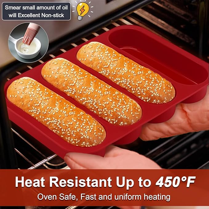 GDDGCUO Silicone Hotdog Bun Pan, 6 Inch Standard Hot dog Bun Mold, 4 Cup Non-stick Homemade Hotdog Bun Baking Pans, Mini Baguette Pans, Dishwasher Safe, 2 Pcs (Red)