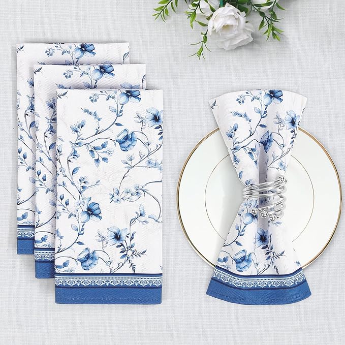 Blue Rose Watercolor Floral Print Cloth Napkins 100% Cotton, 18" X 18" Dinner Napkins Cloth Set, Washable Napkins for Home, Kitchen, Dinner, Party, Wedding, Cocktail, Set of 6