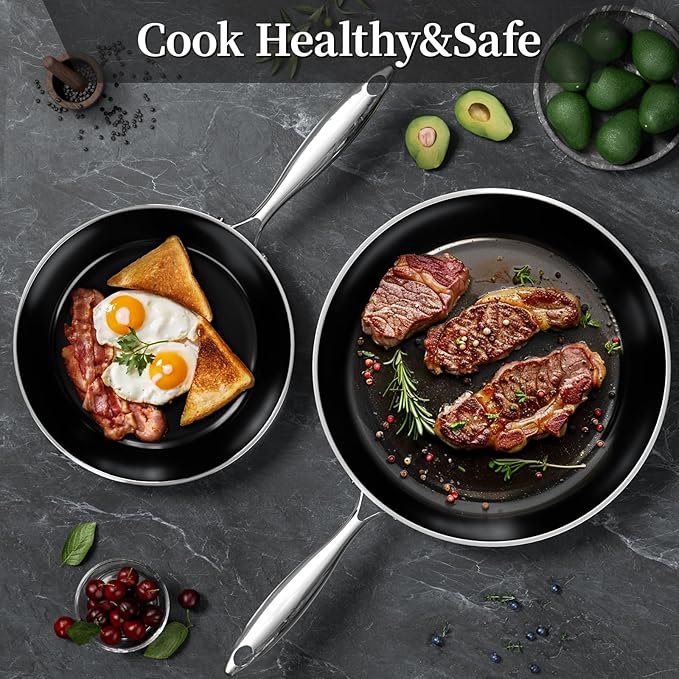 Innerwell Stainless Steel Frying Pan Set with Lid 8.6inch and 12inch Titanium Ceramic Nonstick Frying Pan Kitchen Cookware Set Skillet with Stay-Cool Handle Non Toxic PFOA Free Suitable for All Stove