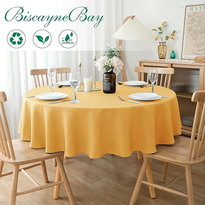 Biscaynebay Fall Tablecloth Textured Fabric Round Tablecloths 70", Fall Gold Thanksgiving Autumn Harvest Water Resistant Fabric Tablecloths for Kitchen, Dining, Wedding, Parties Machine Washable
