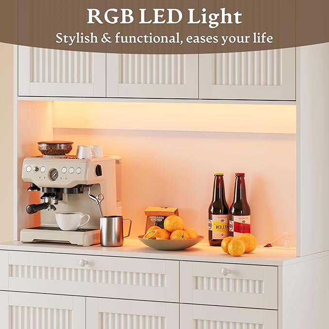 Pantry Cabinet with Charging Station and Light, Tall Kitchen Pantry Storage Cabinet with Microwave Stand, Wide Fluted Kitchen Hutch with Storage Drawers and Adjustable Shelves for Dining Room