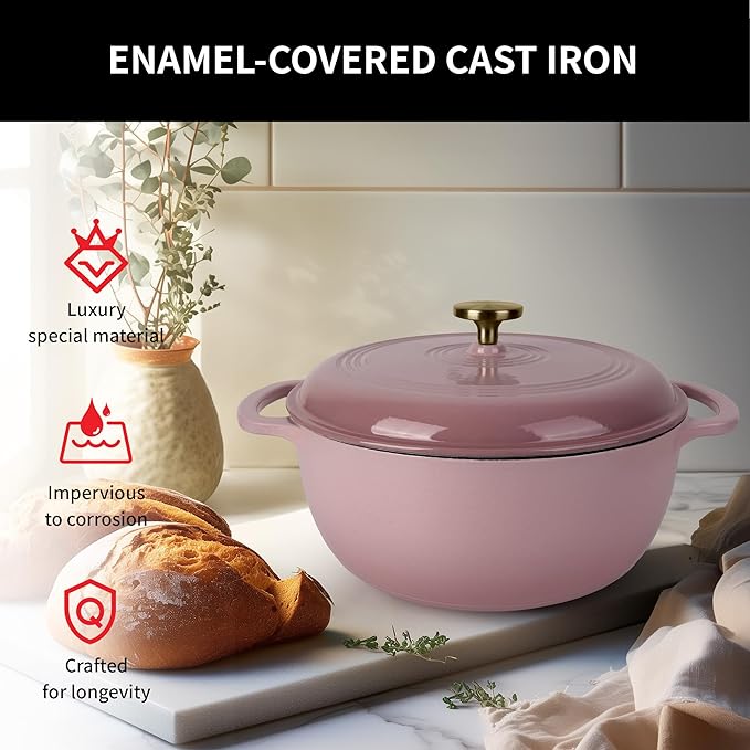 Fijxzct Premium Enameled Cast Iron Dutch Oven for Bread Baking | Non-Stick 5.5QT Oval Bread Oven with Lid | Perfect for Sourdough, Loaf, and Artisan Baking (Round Pink, 5.5 QT)