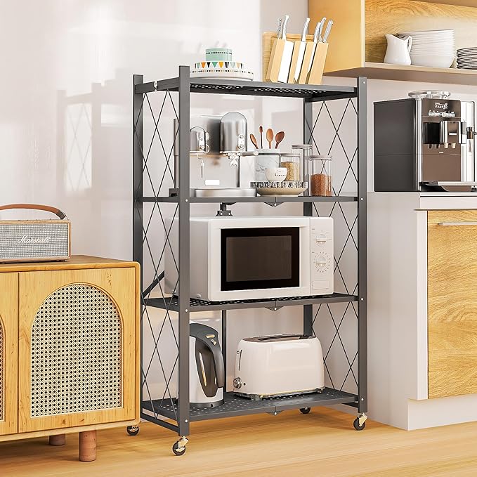 4-Tier Folding Metal Storage Rack - 50" Heavy-Duty Steel Frame with Wheels, No Assembly Utility Organizer, Rolling Shelving Unit for Kitchen, Garage, Pantry, Bedroom (Gray, 4 Tier)