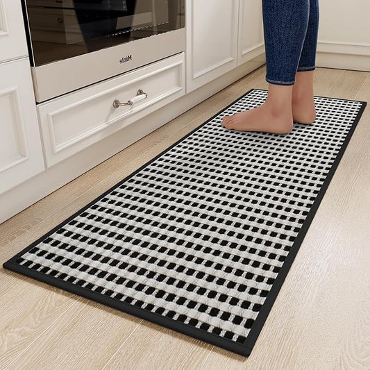 Kitchen Rugs Non Slip Washable, Rubber Backing Soft Chenille Braided Kitchen Mats for Floor, Super Absorbent Kitchen Runner Rug Standing Mat Sink Mat, Easy to Clean, Black 17"x47"