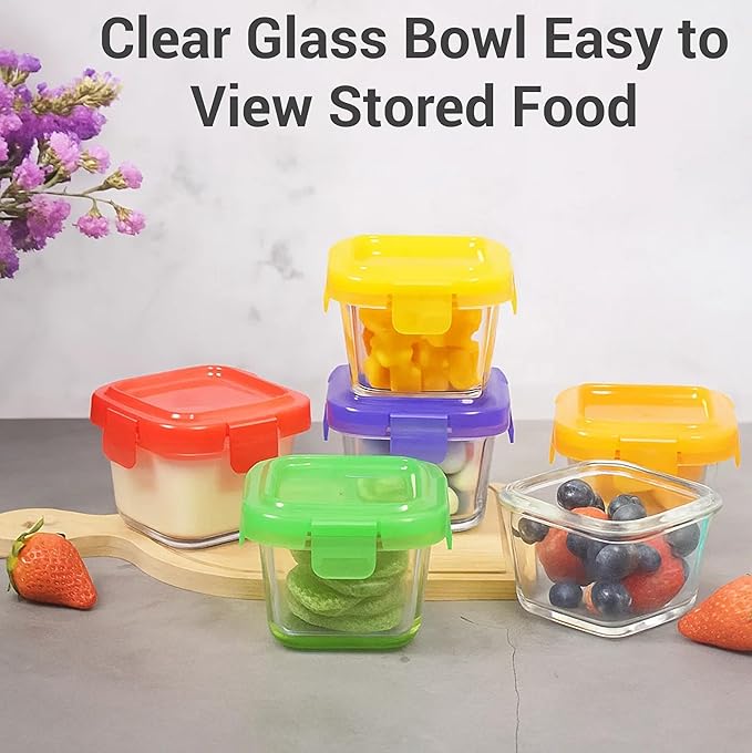 ARSUK Square 5oZ Glass Food Storage Containers with Snap-On BPA-Free Lids 6 Pack, Small Glass Jars for Sauce, Spices, Meal Prep - Reusable & Dishwasher Microwave Fridge Freezer Safe