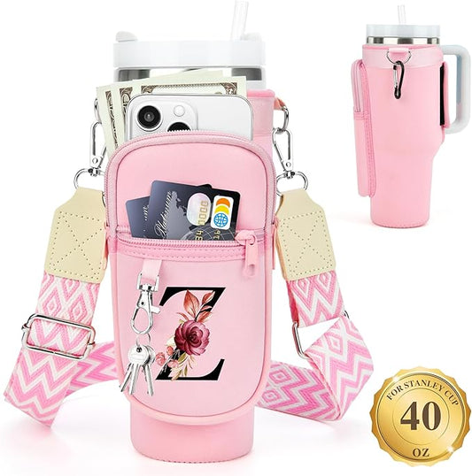 LOKASS Personalized Water Bottle Holder with Strap for Stanley Cup Accessories 40 oz Tumbler, Initial Water Bottle Carrier Bag/Phone Pocket, Mother's Day/Birthday Gifts for Women/Girls