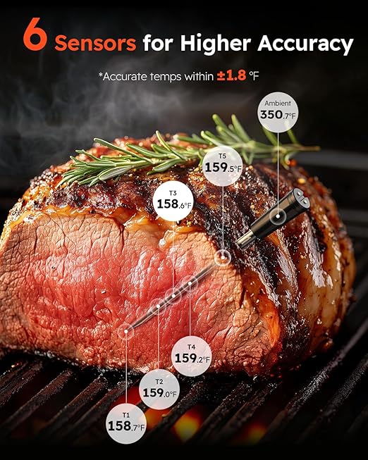 Smart Wireless Meat Thermometer | 6 Sensors Accuracy | 600FT Blutooth Range| IPX7 Waterpoof Dual Probes Digital Food Thermometer for Remote Monitoring of BBQ Grill, Oven, Smoker