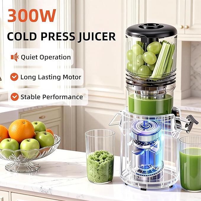 celiberry Cold Press Juicer Machines, 5.3” Large Feed Chute Slow Masticating Juicer for Whole Fruits & Vegetables, Easy Clean, 300W Quiet Juice Extractor, 99% High Juice Yield, Black