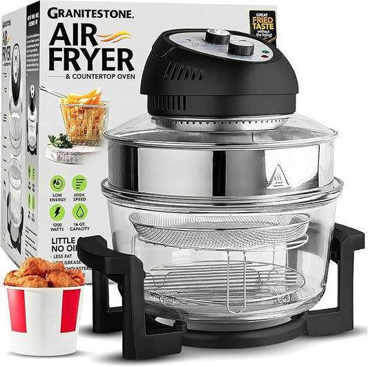 Big Boss 16Qt Large Glass Air Fryer Non Toxic – Family Sized Large Halogen Oven Cooker with 3 Cooking Sections, Stainless Steel Racks, French Fries, Chicken, No Preheat, Self Cleaning, Dishwasher Safe