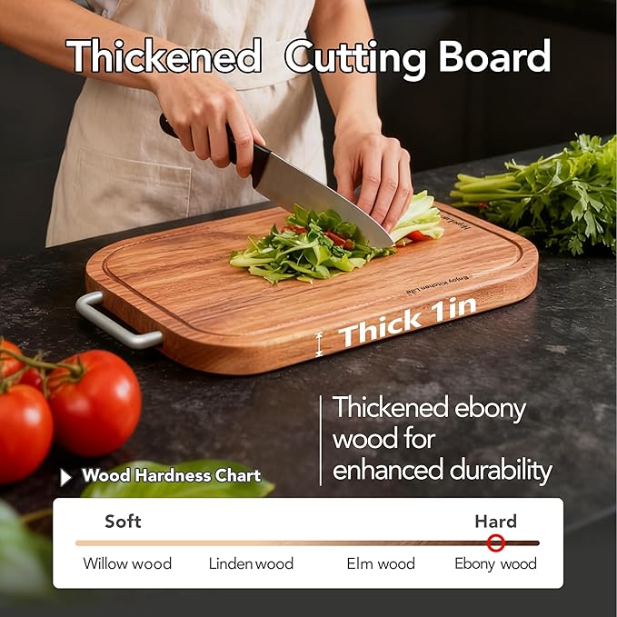 Wood Cutting Board, Solid Ebony Wooden Cutting Boards for Kitchen, Double-Sided Butcher Block with Juice Groove, Non-Slip Feet, 1" Thick Chopping Board for Meat And Vegetables (1, 14.5"×9.5")