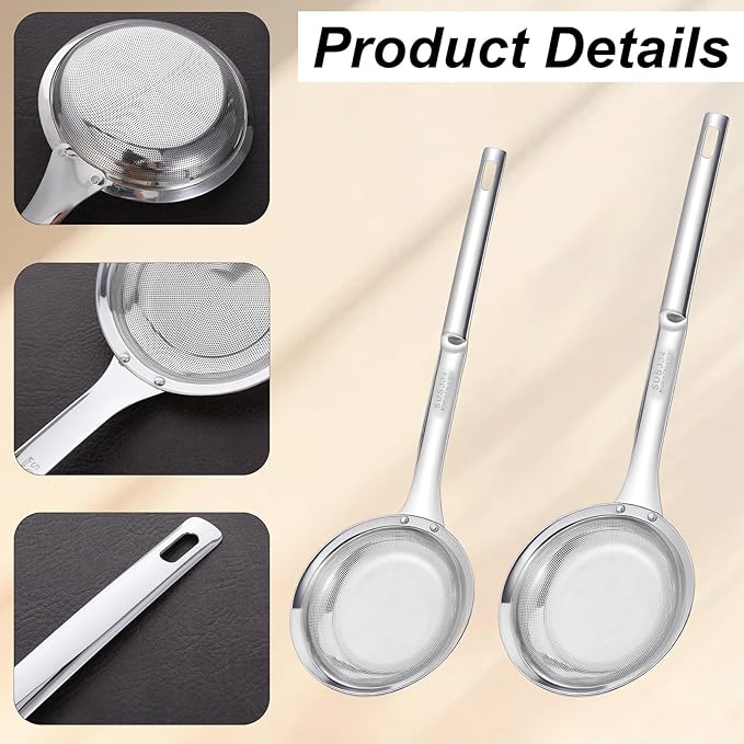 Fine Mesh Stainless Steel Colander Strainer, Skimmer Spoon Strainers with Handle, Fine Mesh Sieve for Cooking Oil, Grease Foam, Food Vegetable Hot Pot (2 Pack, Large+small)