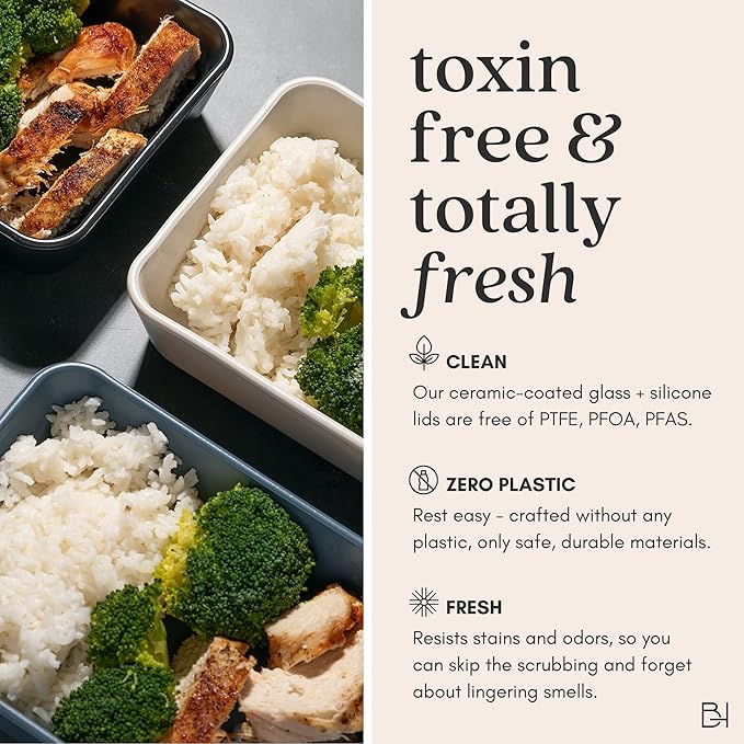 Ceramic Coated Glass Food Storage Container | No PTFE, PFOA, PFAS, and BPA | Reusable Non Toxic Meal Prep Container with Glass Lid | Easy To Store | 6 Cup Rectangle [Smoke]