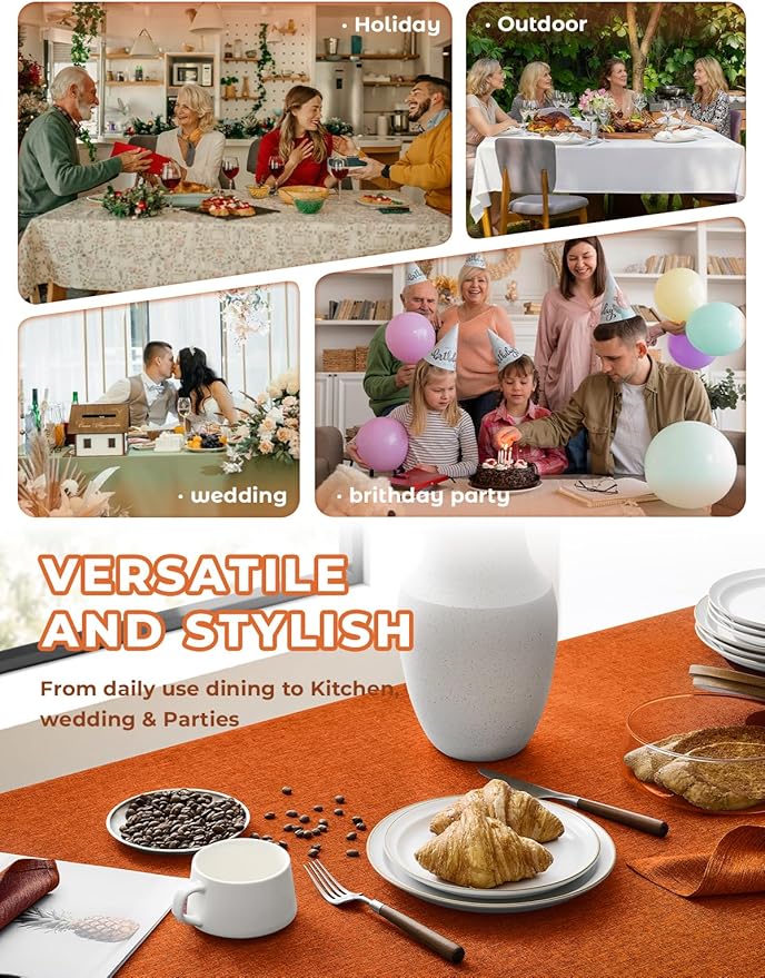 Waterproof Faux Linen Rectangle Tablecloth, Spillproof Wrinkle Free Outdoor Reusable Table Cloth for Patio, Holiday, Banquet, Party, Buffet Dinner (Oblong,60 x 120 Inch (10-12 Seats), Rust)