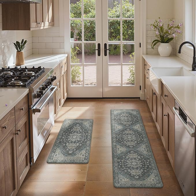 GENIMO Kitchen Mats for Floor, 2PCS Kitchen Rugs Non Slip Washable, Waterproof Anti Fatigue Mat, Comfort Standing Runner Rug for Sink, Office, Laundry, Home, 17.3"x59"+17.3"x30", Blue Grey