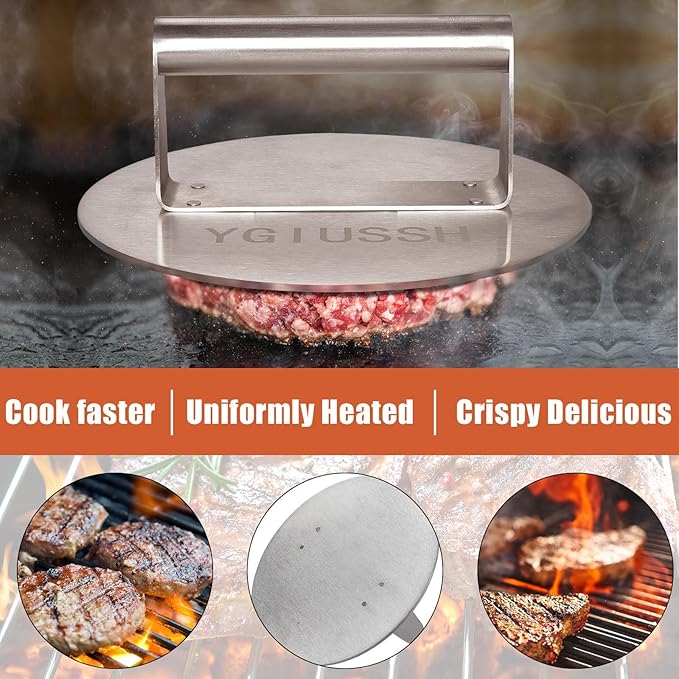 8.7 Inch Heavy-Duty Grill Press Stainless Steel Bacon Press Round Non-Stick Hamburger Press Weight Burger Smasher for Perfectly Seared Bacon Steak & Sandwiches