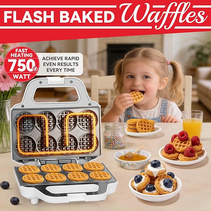 Mini Waffle Maker Machine, Tiny Waffle Bites Iron for Kids, Bake 8 x 2'' Tiny Waffle Bites, Small Waffle Maker, Compact & Easy Use, Non Stick Surface, Recipe Included, White