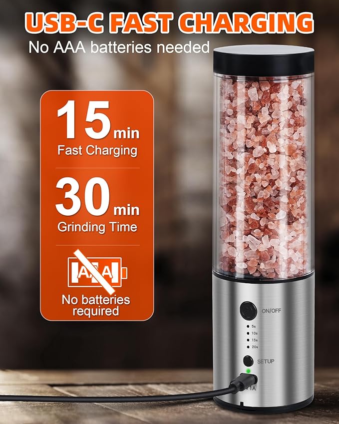 Electric Salt and Pepper Grinder Set, 2-Pack 480ML Capacity, USB-C Rechargeable 4-Timing Settings, Automatic Salt and Pepper Shakers, One-Handed Operation, Birthday Gifts for Women Mom