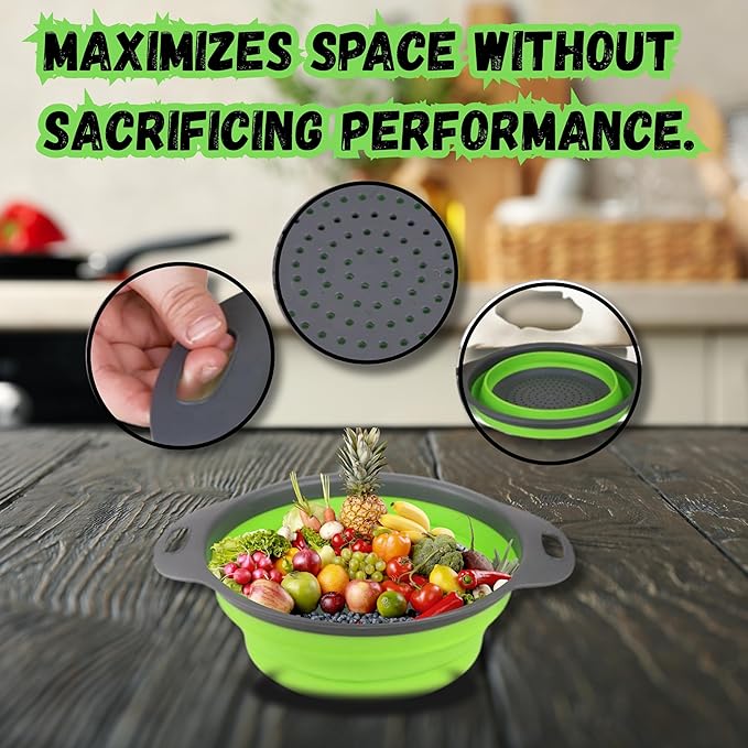 Collapsible Colander Set,Premium Food Grade Silicone Folding Strainers with Handles Space Saving Colanders for Draining Pasta,Vegetables & Fruits,Ideal for Kitchen & Travel (3pc)