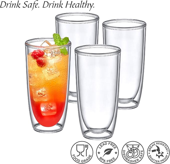 Amazing Abby - Andes - 20-Ounce Insulated Plastic Tumblers (Set of 4), Double-Wall Plastic Drinking Glasses, All-Clear Reusable Cups, BPA-Free, Shatter-Proof, Dishwasher-Safe