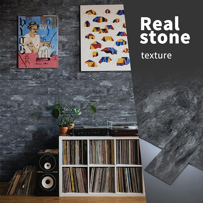 Art3d 10-Sheet Peel and Stick Backsplash PVC Wall Tile, Stickon Tile for Kitchen Backplash, Bathroom Vanities, Fireplace Decor, Laundry Table, Stair Decals in Dark Granite, Plastic-Sheets