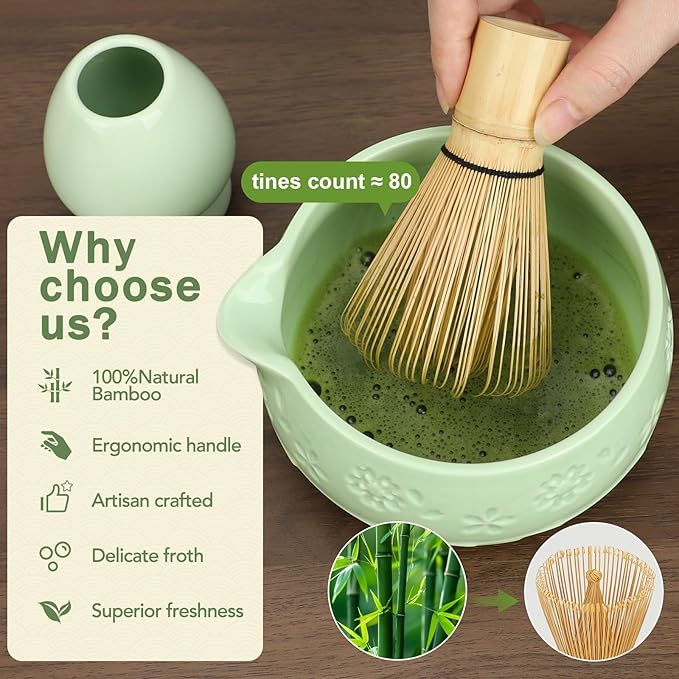 Matcha Whisk Set, Ceramic Bowl with Spout, Bamboo Matcha Whisk & Spoon, Chasen Holder, Scoop Rest, Sifter, 8-Pcs Japanese Ceremony Matcha Powder Kit–Happy New Year 2026 Gift for Women-Mint