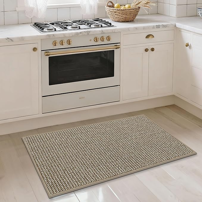 JSEI Kitchen Rugs, 17''x30'' Non-Slip Kitchen Mats for Floor, Machine Washable Absorbent and Stain Resistant Kitchen Runner, Carpet Mats with TPR Backing for Kitchen, Beige