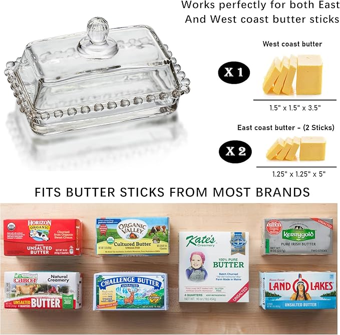 6.5'' Clear Glass Butter Dish with Handled Lid,Classic 2-Piece Design Butter Keeper For Countertop,Dishwasher Safe