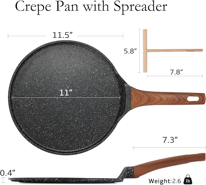 ESLITE LIFE 11 Inch Crepe Pan with Spreader, Nonstick Granite Coating Dosa Pan, Roti Tawa Comal Para Tortillas Pancake Griddle Pan, Induction Compatible, PTFE & PFOA Free, Black