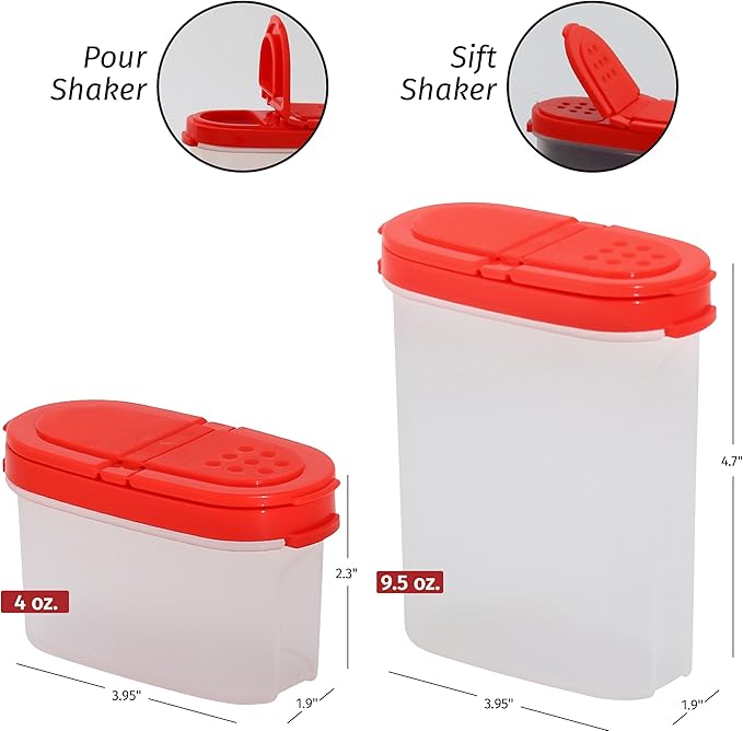 SIGNORA WARE Spice Jars with Lids -8 and 4 oz Refillable Empty Airtight Spice/Seasoning Containers Set -2 way Pour/Sift Shaker Lids Clear Plastic Spice/Seasoning Organizer Kitchen/Travel 8 pk.Red
