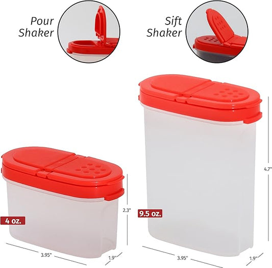 SIGNORA WARE Spice Jars with Lids -8 and 4 oz Refillable Empty Airtight Spice/Seasoning Containers Set -2 way Pour/Sift Shaker Lids Clear Plastic Spice/Seasoning Organizer Kitchen/Travel 8 pk.Red