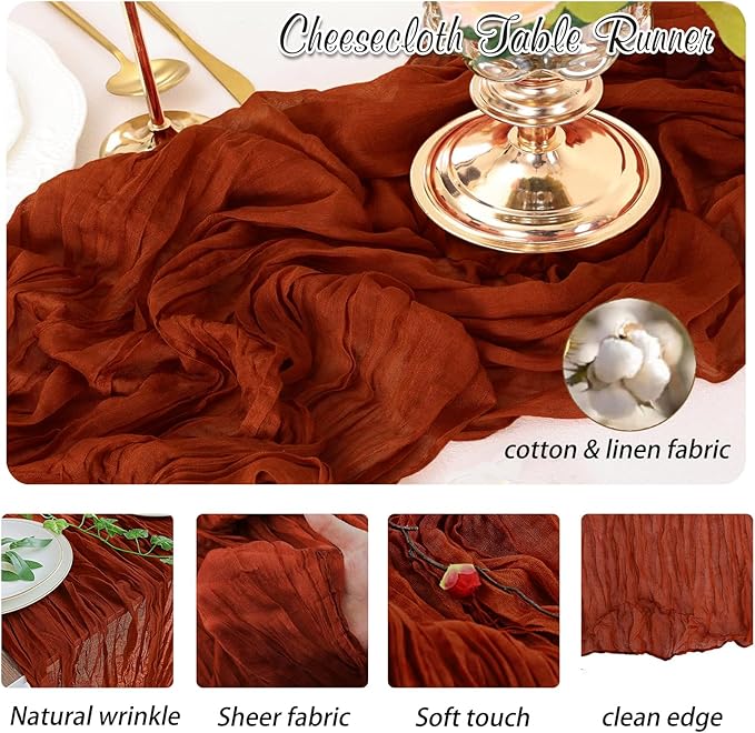 Terracotta Cheesecloth Table Runner 1 Pack 35" Boho Gauze 120 inches Long Runner Rustic Sheer Fabric Bulk for Baby Shower Wedding Bridal Birthday Party Table Decorations
